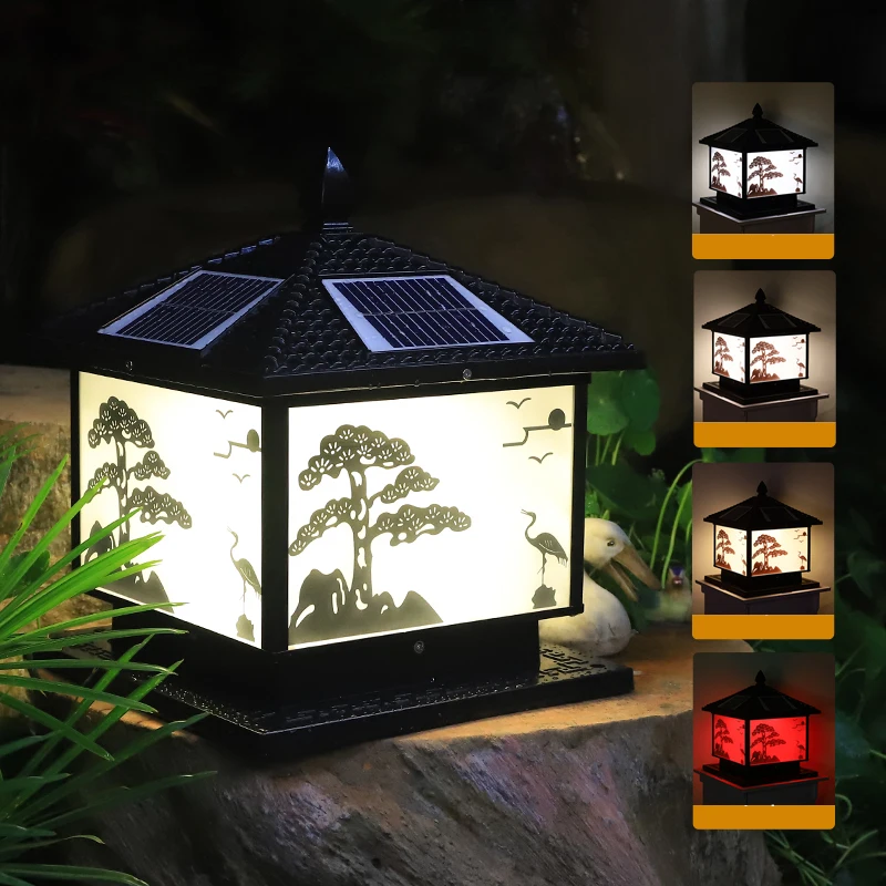 

TEMAR Solar Post Lamp Outdoor Vintage Pine Crane Decor Pillar Light LED Waterproof IP65 for Home Courtyard Porch