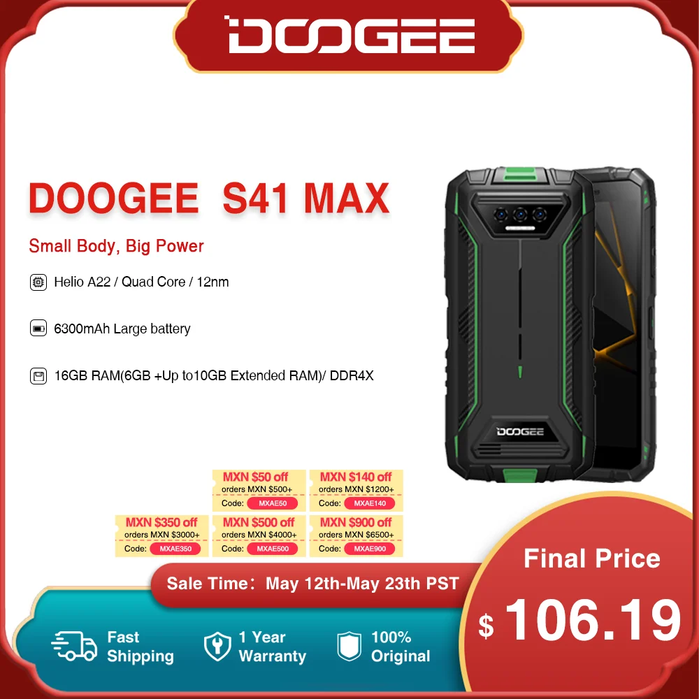 Телефон DOOGEE S41 Max защищенный, 5,5 дюйма, IPS HD, 13 МП, ии Тройная камера, 16 ГБ ОЗУ + 256 Гб ПЗУ, четырехъядерный, 6300 мАч, Android 13
