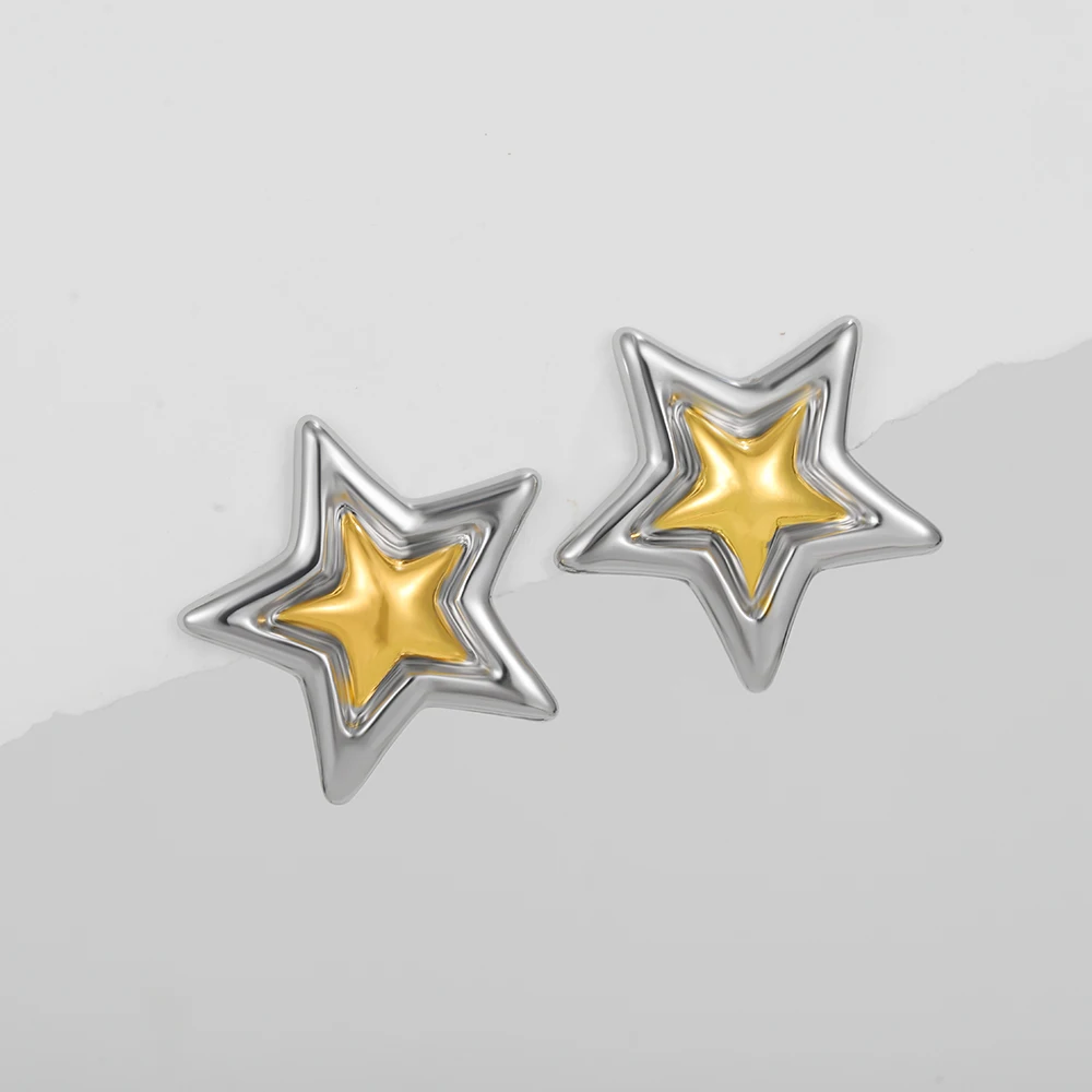 Cute Simple Gold&silver Mix Color Star Stud Earrings for Women Hypoallergenic Delicate Waterproof Geometric Stud Jewelry Gifts