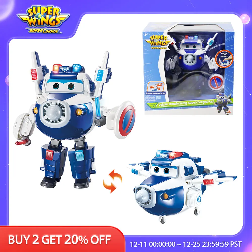 

Super Wings 6 inches Deluxe Supercharged Paul Transforming With Police Shield Lights Sounds Deformation Robot Action Figures Toy