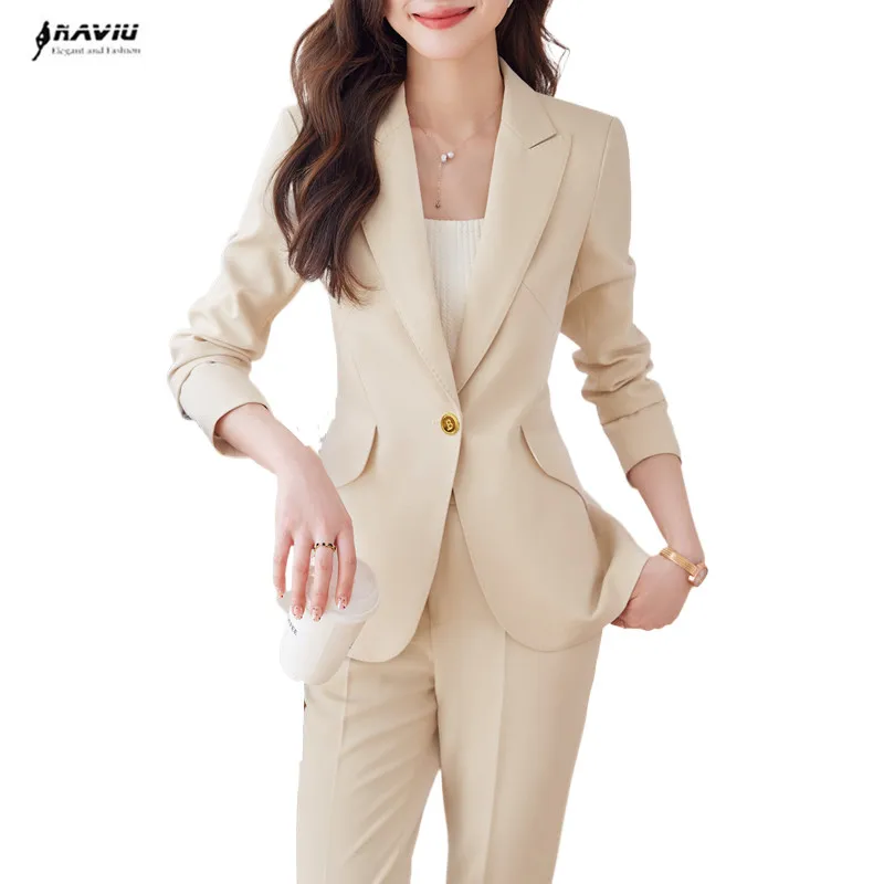 

NAVIU Pink 2 Piece Sets Form Women 2023 Office Ladies New Single Turn Down Collar Blazers Elegant Pants Suits Apricot Black