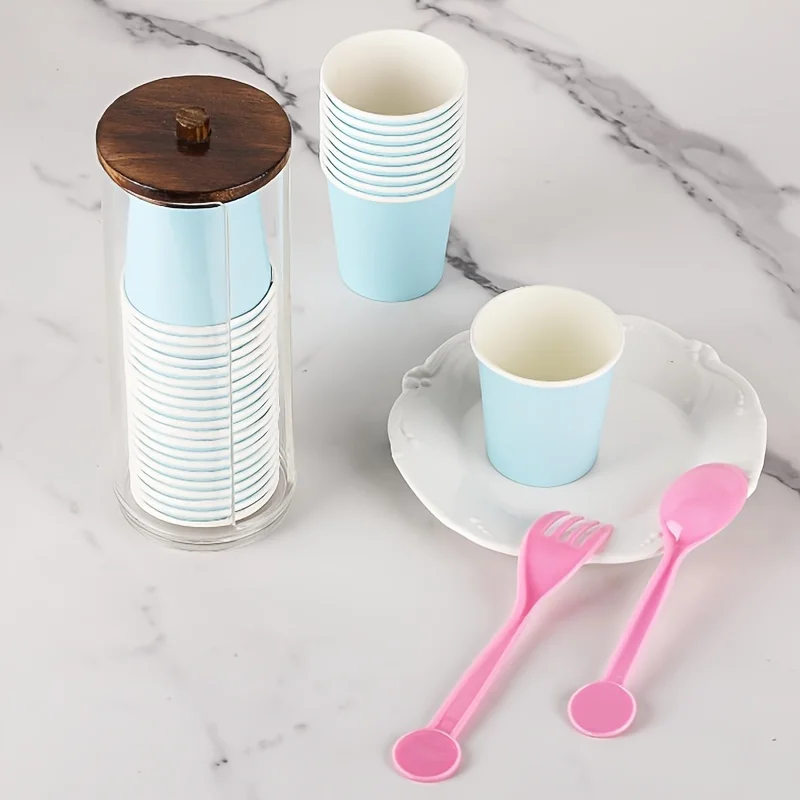 Clear Cotton Ball Pad Swabs Make Up Pads Dispenser Holder Organizer Container with Wood Lid Multifunction Bathroom Storage 4