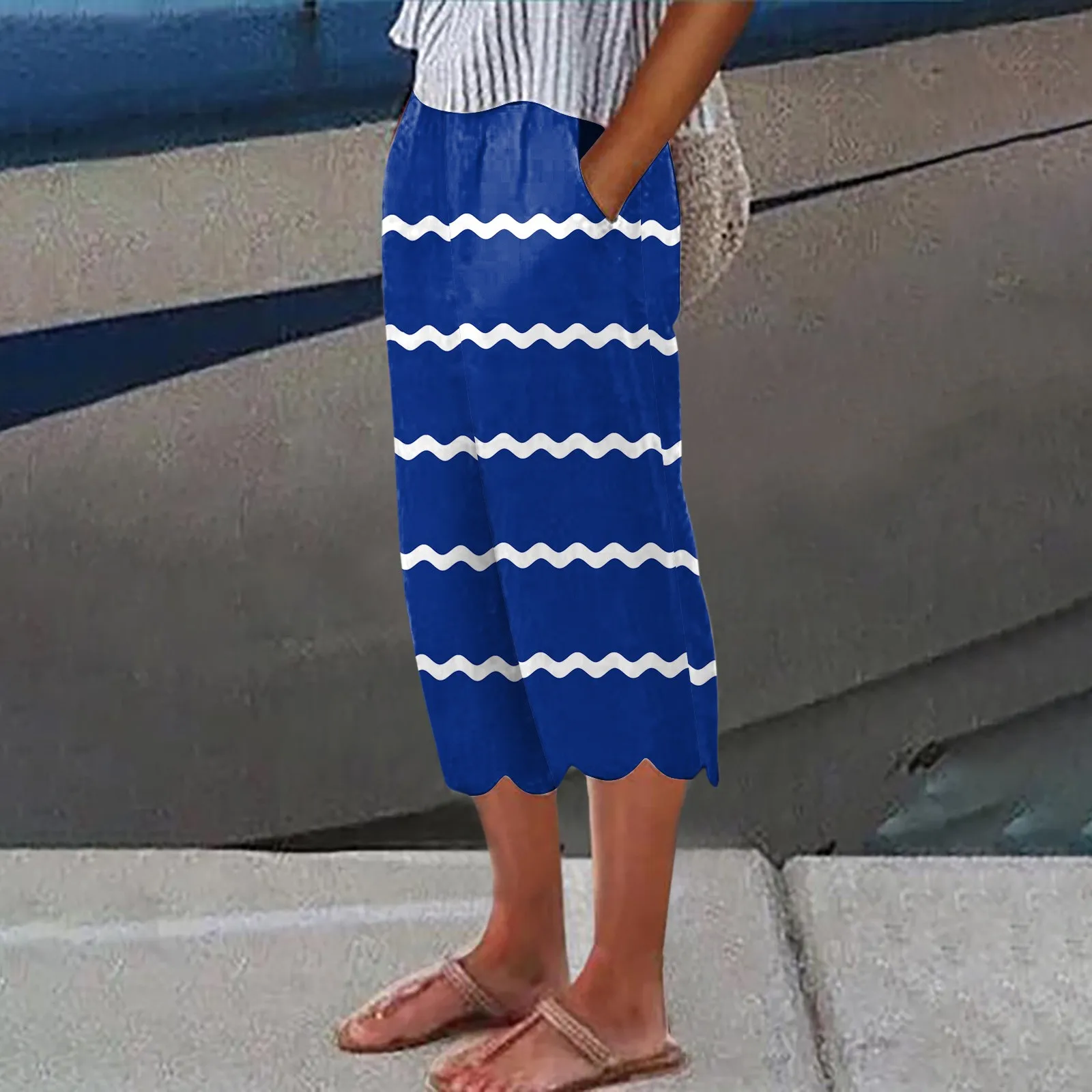 

Женские брюки в полоску, прямые свободные штаны для йоги, повседневные широкие брюки с принтом и карманами, лето 2024