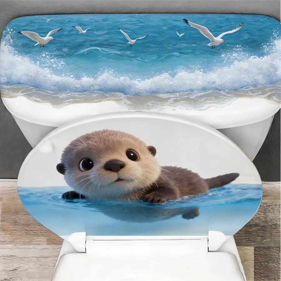Cute Otter Ocean Wave Toilet Tank Sticker - Vinyl Wall Art