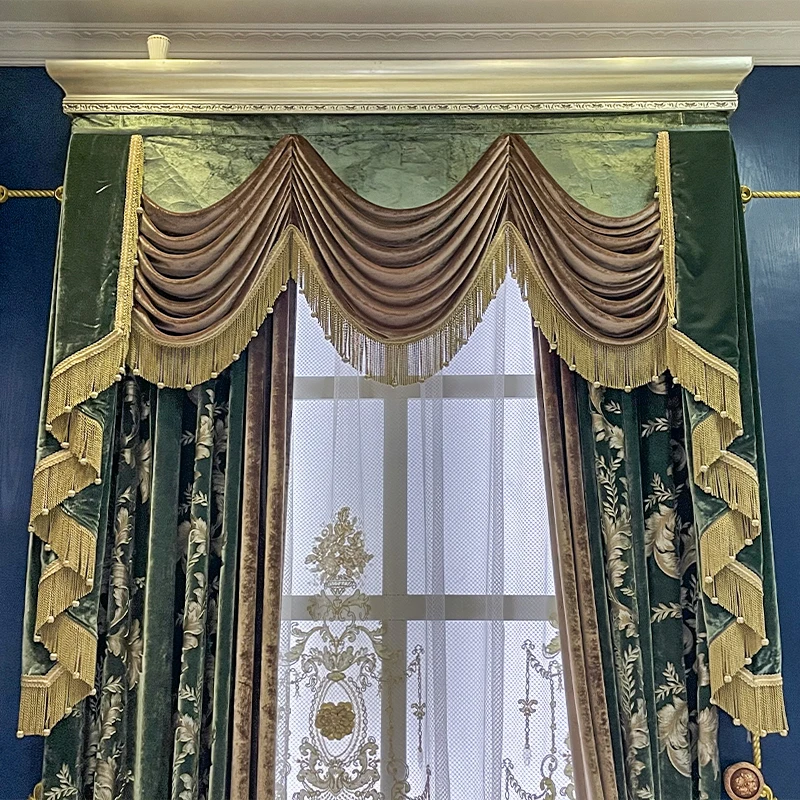 thumbnail image 1 of Olive Green Chocolate Brown Embroidery Stitching Velvet Gilt Curtains for Living Room Bedroom French Window Villa Customized, 1 of 5