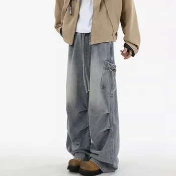 2025 New High Street Pleated Jeans Men's Cargo Pocket Straight Wide-leg Denim Pantalones Hombre Hip Hop Fashion Baggy Y2K Jean 1