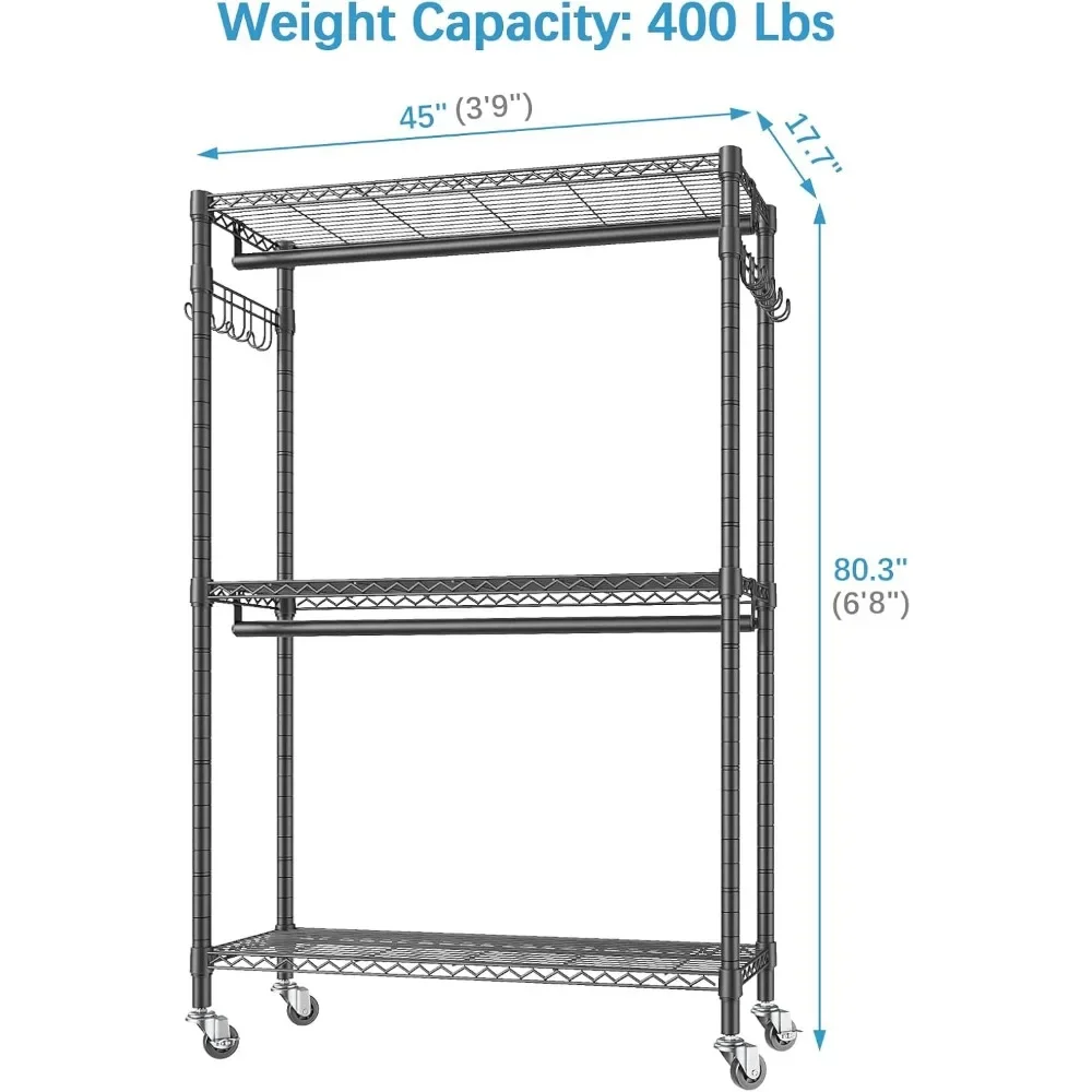 New2025-R2 Plus Heavy Duty Rolling Garment Rack 3 Tiers Adjustable Wire Shelving Clothes Rack with Double Rods and Side Hooks, F