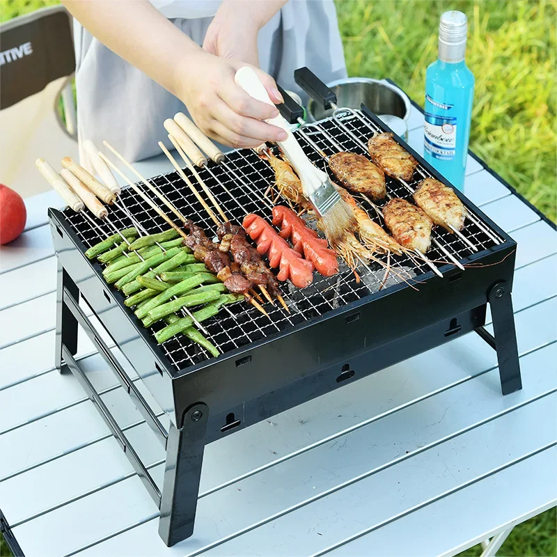 Collapsible Slot Grill For Camping - 16"x9" Stainless Steel Charcoal BBQ, Folds To 1" Thick, Includes Tools