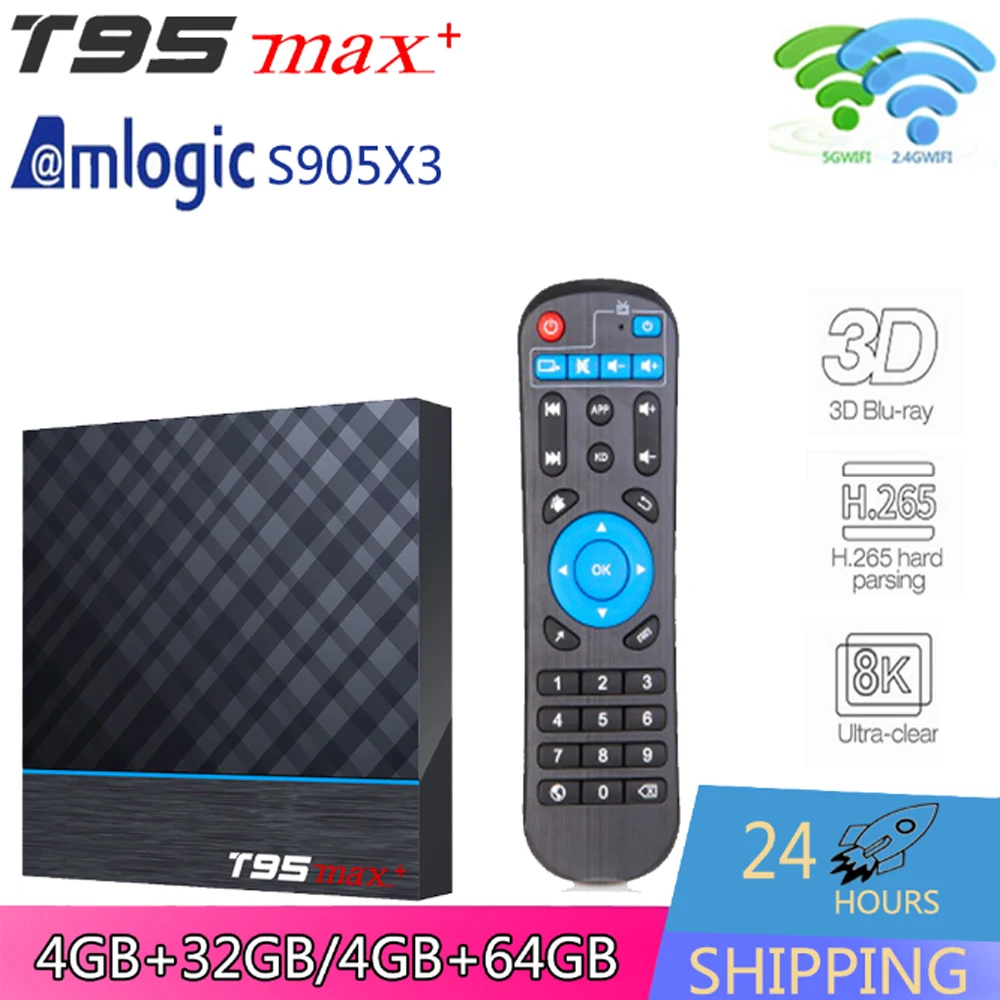 

T95 max+ Amlogic S905X3 Android9.0 2.4G&5G Dual WiFi BT4.0 free shipping Ethernet 100M 4K H.265 T95max+ Media Player