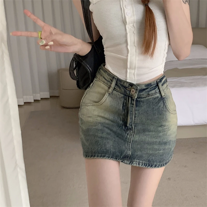 

Slergiri Women's Retro Do old Washed Denim Mini Skirts 2024 Summer Korean Streetwear High Waist Bodycon A-line Jean Short Skirts