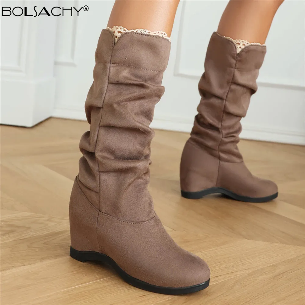 

2023 New Autumn Winter Mid Calf Boots Fashion Flock Retro Lace Pleated Boots Female Casual Wedges Knight Boots Botas De Mujer