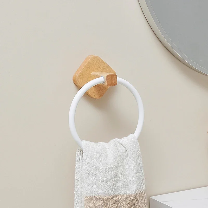 No Punching Bathroom Towel Holder Walnut/Beech Round Accessories White/Black Towel Ring Wall Mounted Aluminium