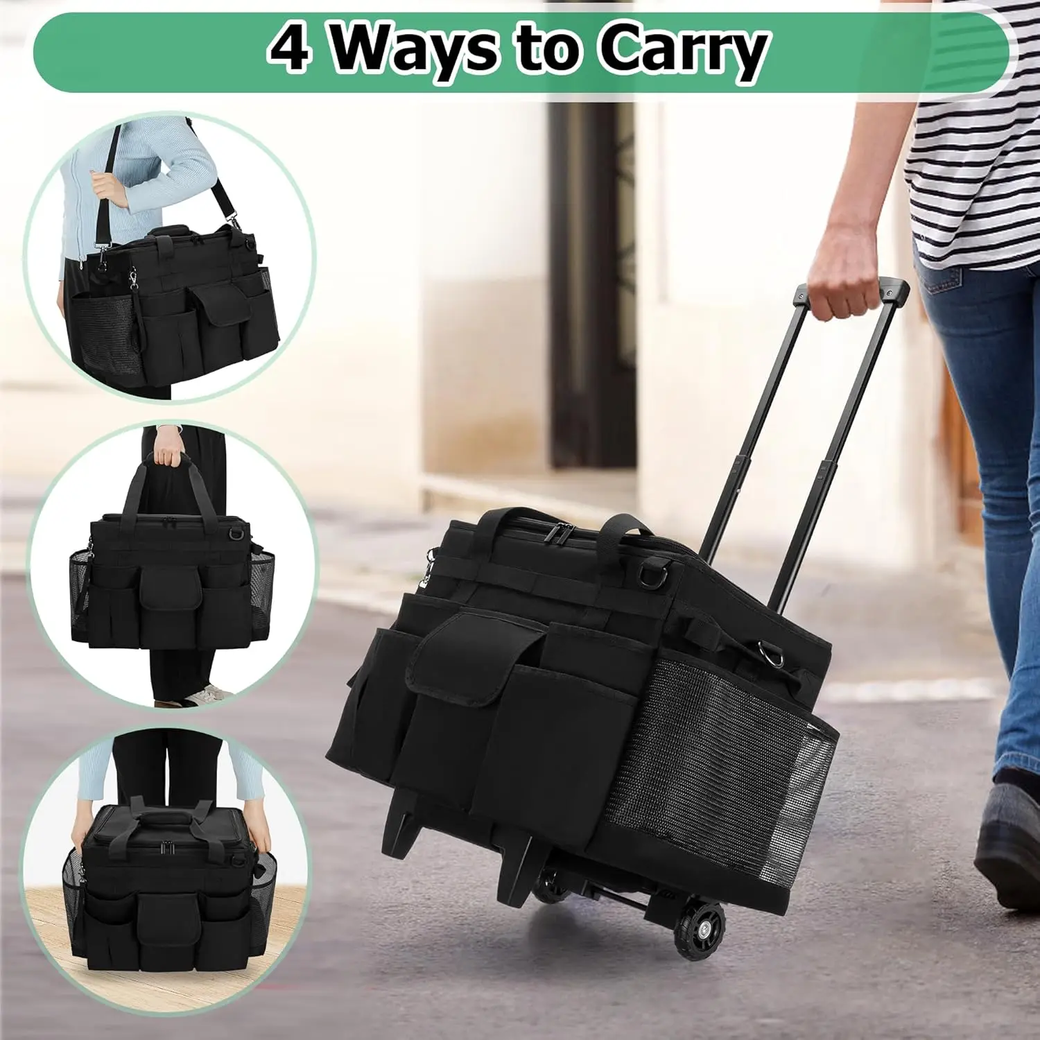 LoDrid Rolling Cleaning Caddy with Lid, Cleaning Supplies Organizer with Detachable Trolley, Cleaning Caddy Cart on Wheels with 5