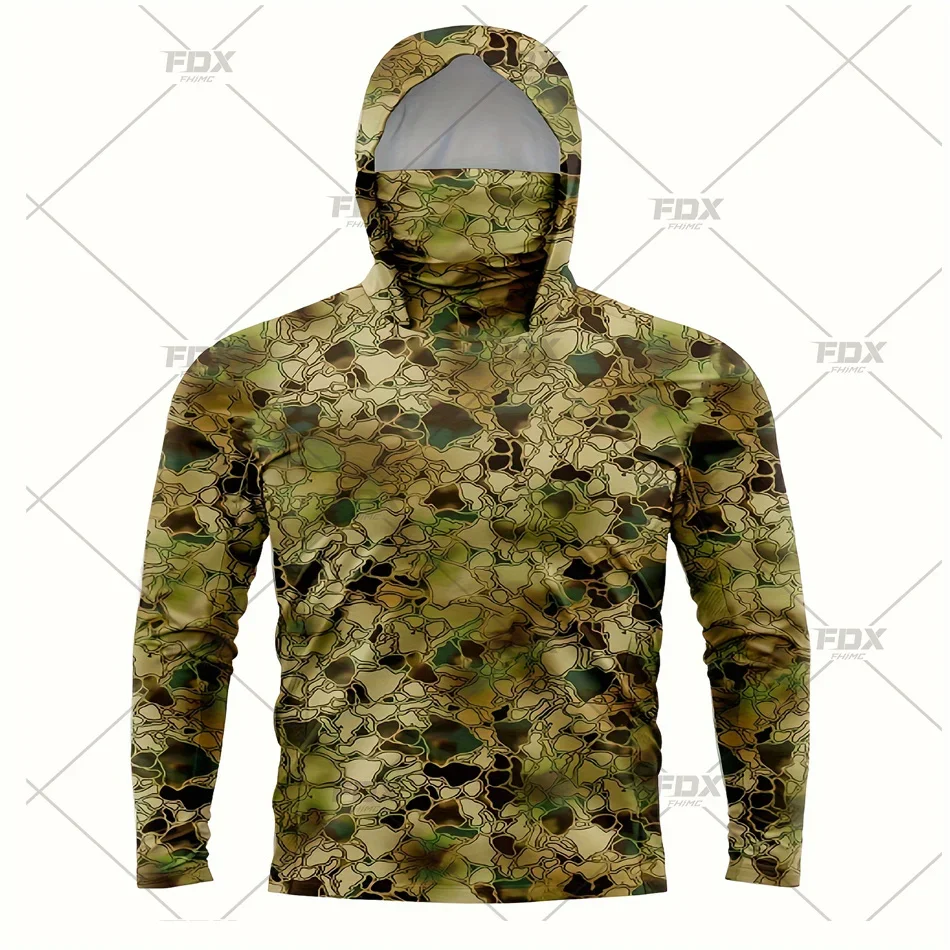 Fishing Shirt Fishing Clothes Army Green Camo Colorful Hoodie with Face Mask UV 50+Gaiter Fishing Clothing Men's Long sleeved Breathable Quick Drying T-shirt