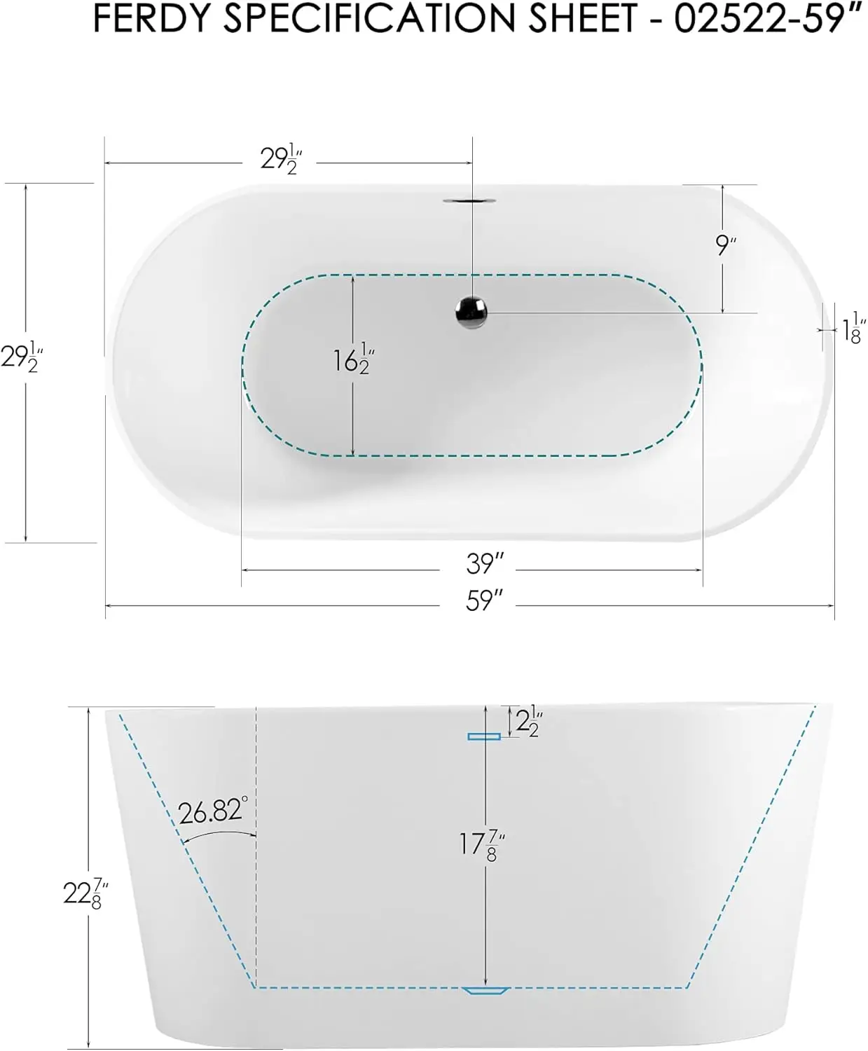 59 inch Acrylic Freestanding Bathtub Classic Oval Shape Acrylic freestanding tub Modern White Chrome Drain and Classic Slotted