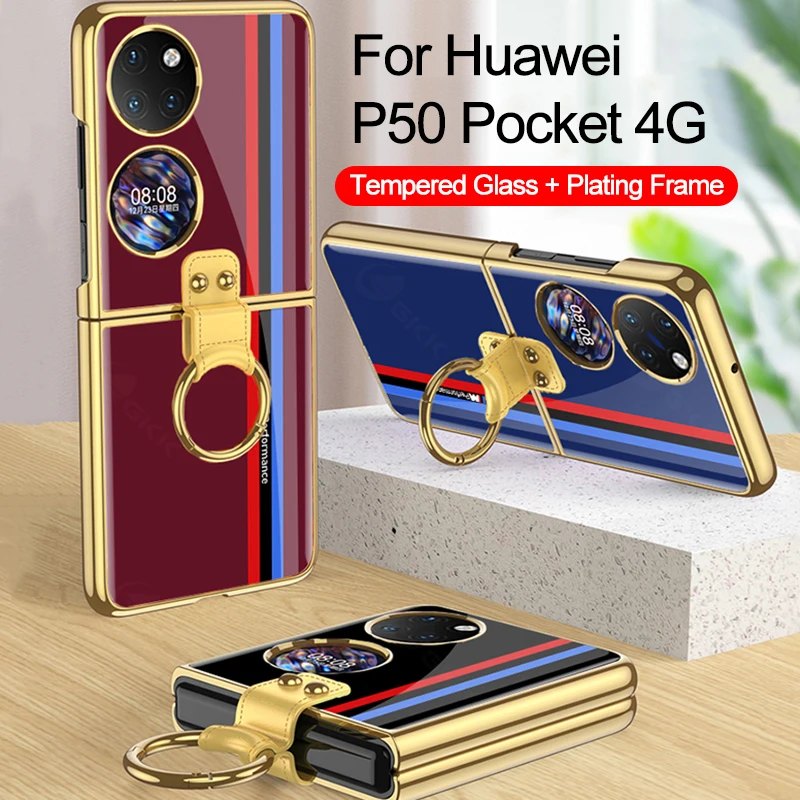

Luxury Painted Tempered Glass Case Cover For Huawei P50 Pocket Ring Stand Plating Plastic Hard Cover For Huawei P50 Pocket Case