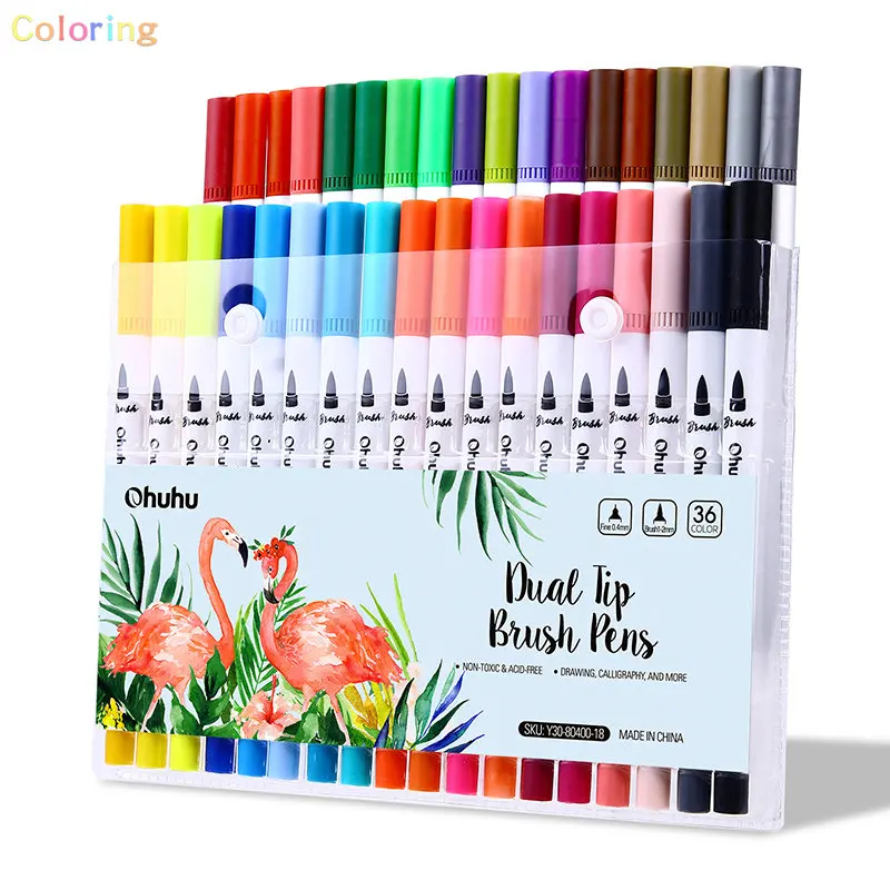 Ohuhu Dual Tips Coloring Brush Fineliner Color Marker Pen 36 60 100 Colors  Set, Fiber Brush Tip (1-2mm), Fine Nylon Tips (0.4mm) - AliExpress