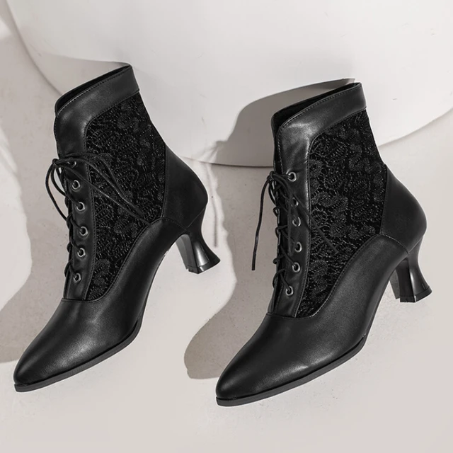 Black Leather Victorian Ankle Boots