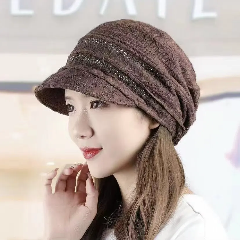 Lace Breathable Short Brim Bonnets for Women Loose Crochet Women Baseball Cap Autumn Winter Foldable Earflap Hats 2