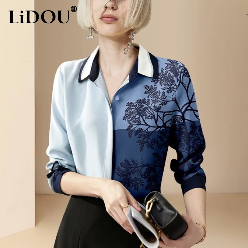 Spring Autumn Streetwear Fashion Printing Patchwork Blouse Female Long Sleeve Casual Buttons Cardigan Top Women Elegant Shirt sheer mesh patchwork knitted playsuits women buttons polo neck short sleeve slim shorts rompers fashion casual stretch jumpsuits