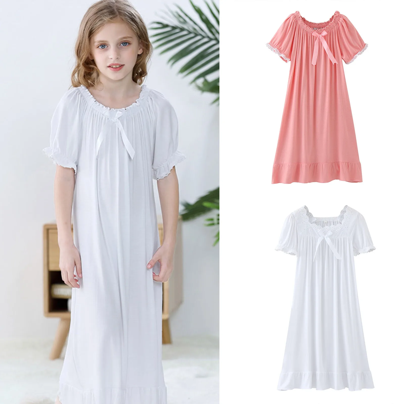 Summer Children's Nightgown Baby Girls Clothes Short Sleeve Kids Sleepwear Vintage Ruffled Princess Home Wear Pajamas Kids 2-8T