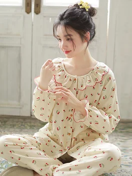 Indumenti da notte primaverili in puro cotone da donna 2025 nuovo articolo in filato di cotone estivo comodi pantaloni a maniche lunghe traspiranti vestiti per la casa 1