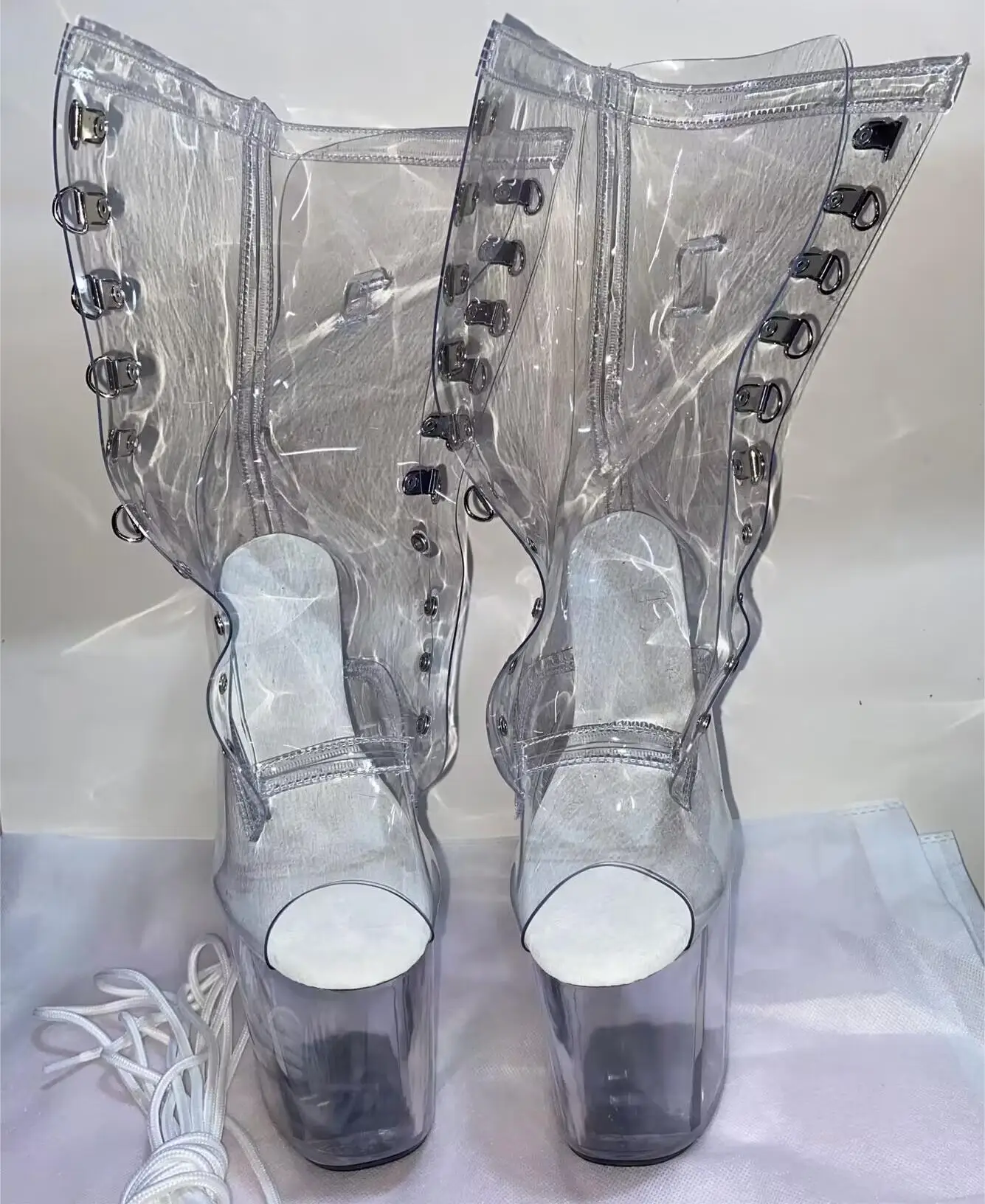 레이스업 투명 방수 플랫폼 런웨이 로우 부츠, 섹시한 하늘 증오 하이 폴 댄싱 힐, 17-20cm