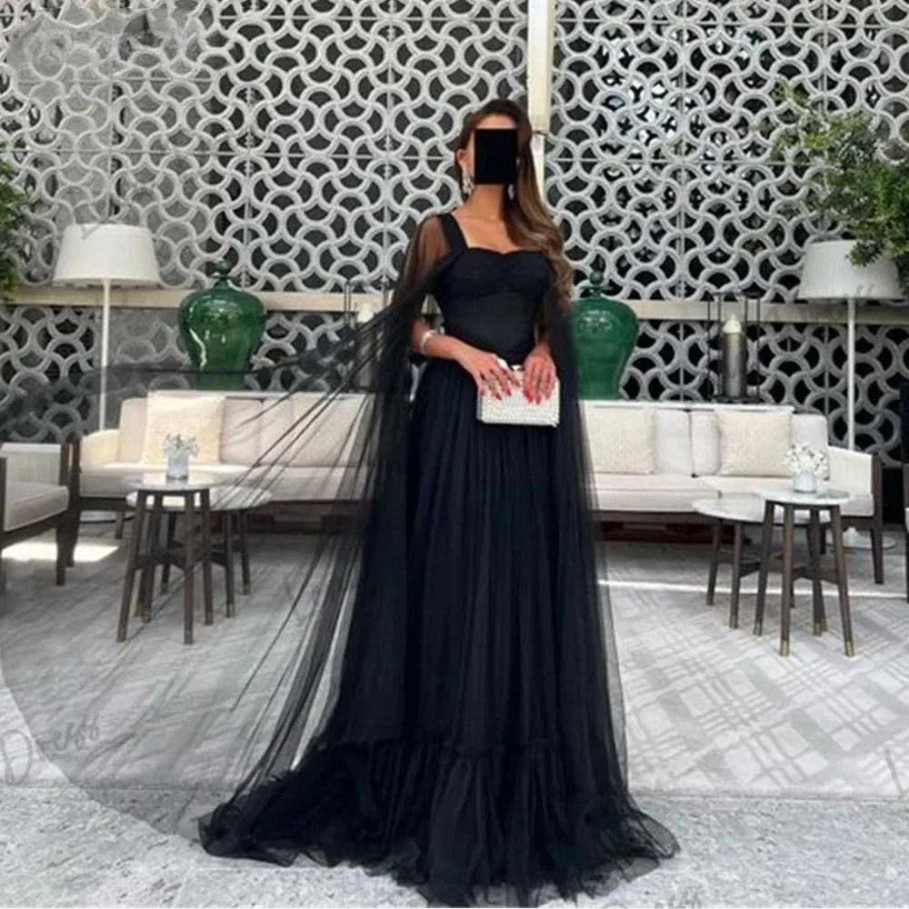 

Lena-Black Cape Sleeves Prom Dress 2024 Elegant Square Neck Chiffon Tank Top De Noche Grace A-line