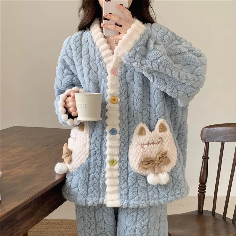 2024 New Coral Velvet Jacquard Pajama Women Autumn Winter Loungewear Thickened Flannel Velvet Sweet Princess Style Homewear Suit