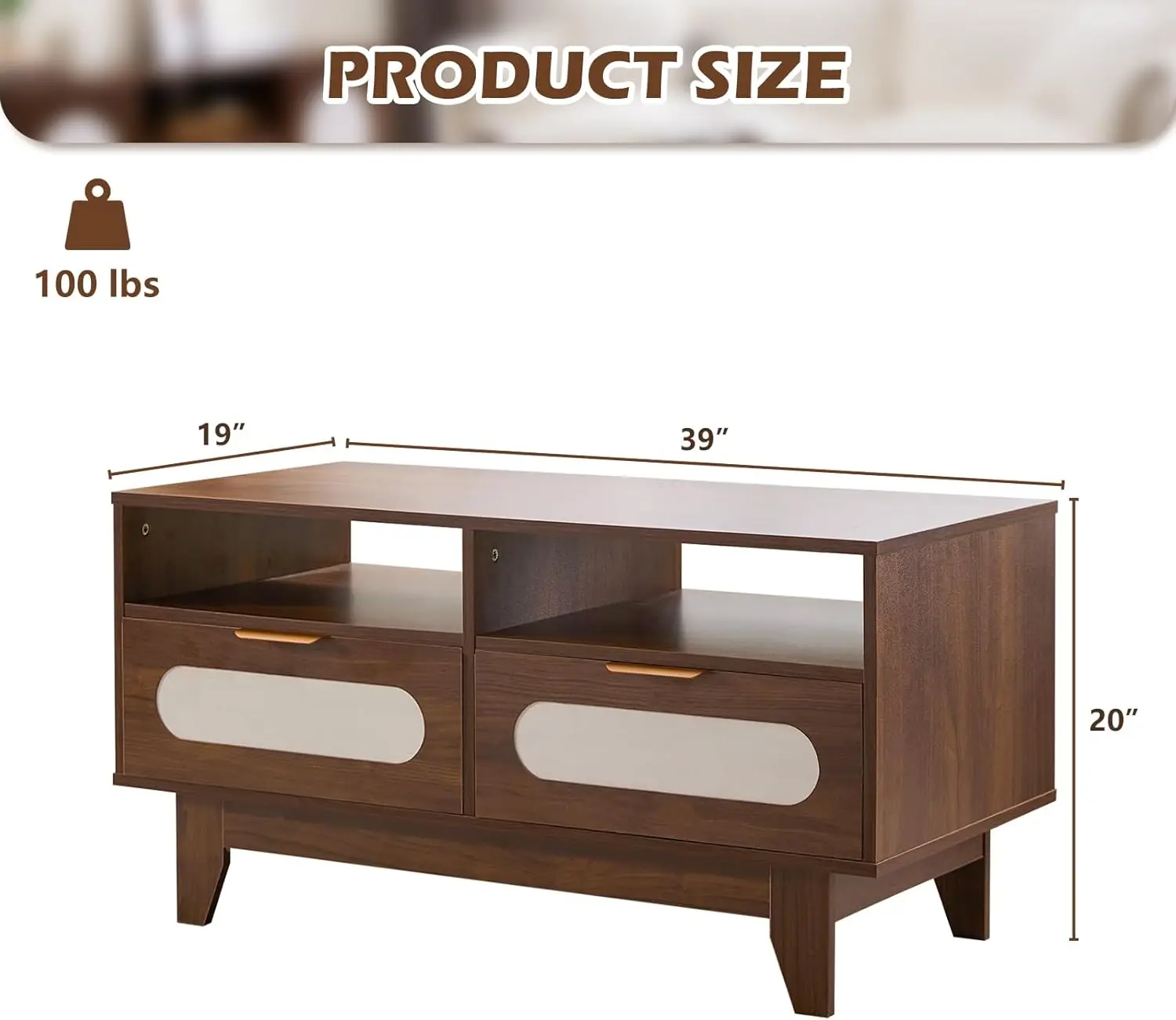 39 inch Mid Century Coffee Table with 4 Drawers and 2 Shelve, Rectangle Wooden Wood Coffee Table for Living Room,Walnut