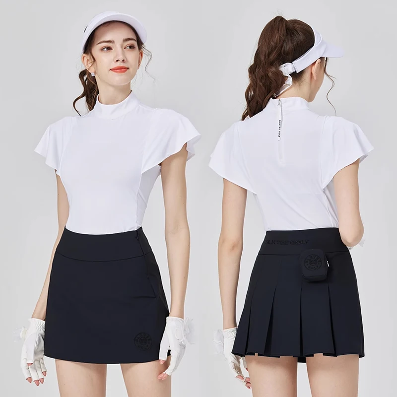 BLKTEE Golf fashion clothes for woman ruffle short sleeve half high neck t-shirt ladies slim casual top high-waist skirt gofset