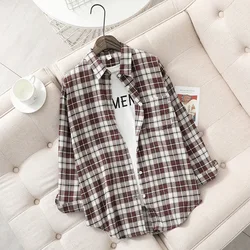 Women's Fresh Flannel Plaid Cotton Blouse - Loose Long Sleeve Casual Top - S (New10)
