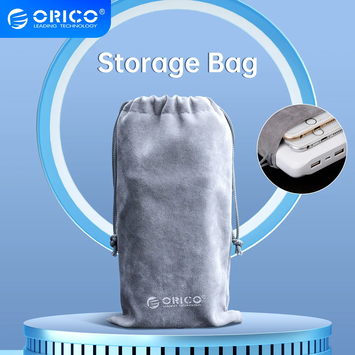 ORICO 휴대폰 보관 벨벳 가방, USB 충전기, USB 케이블, 보조베터리, 휴대폰 그레이 컬러, 180x100mm, SA18..