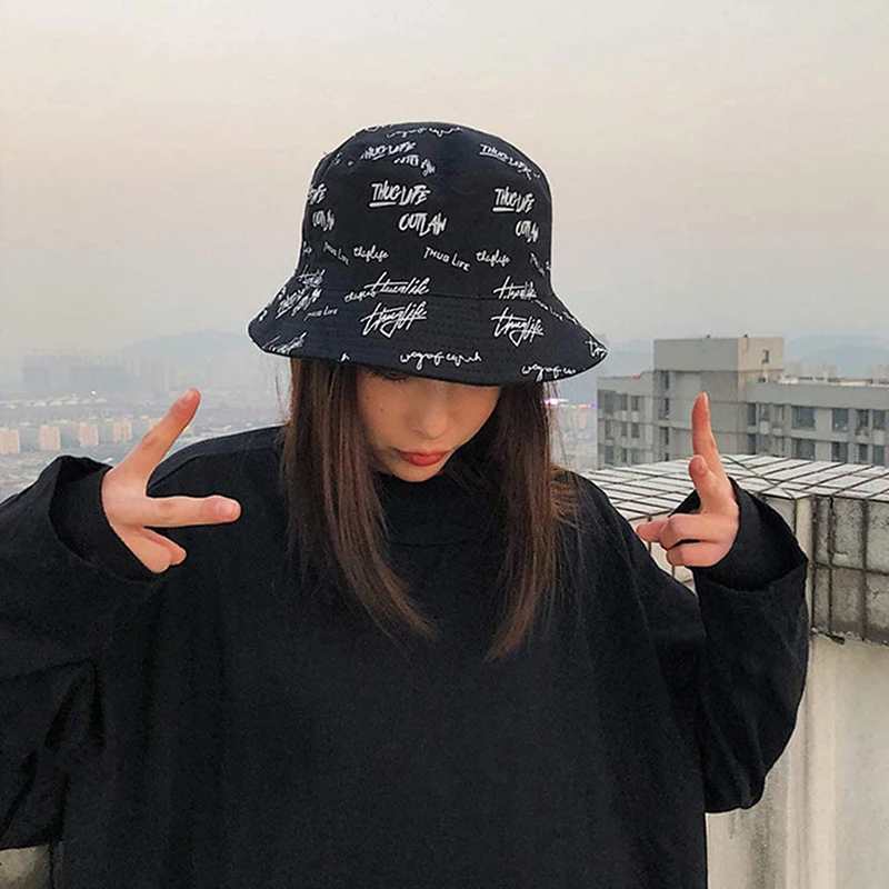 문자 자수 어부 모자, 어린이 문학적 레저 양면 착용, 다목적 태양 모자, 1 개