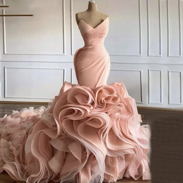 Blush Pink Plus Size Mermaid Wedding Gowns For Arabic Ruffles Sweep Train  Pleats Elegant Bridal Party Dresses Customise - AliExpress