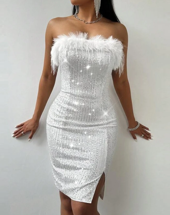 

Dresses for Women 2024 Sexy Sleeveless Dress Feather Detail Allover Sequin Party Dress Elegant and Tight Fitting Strapless Dress