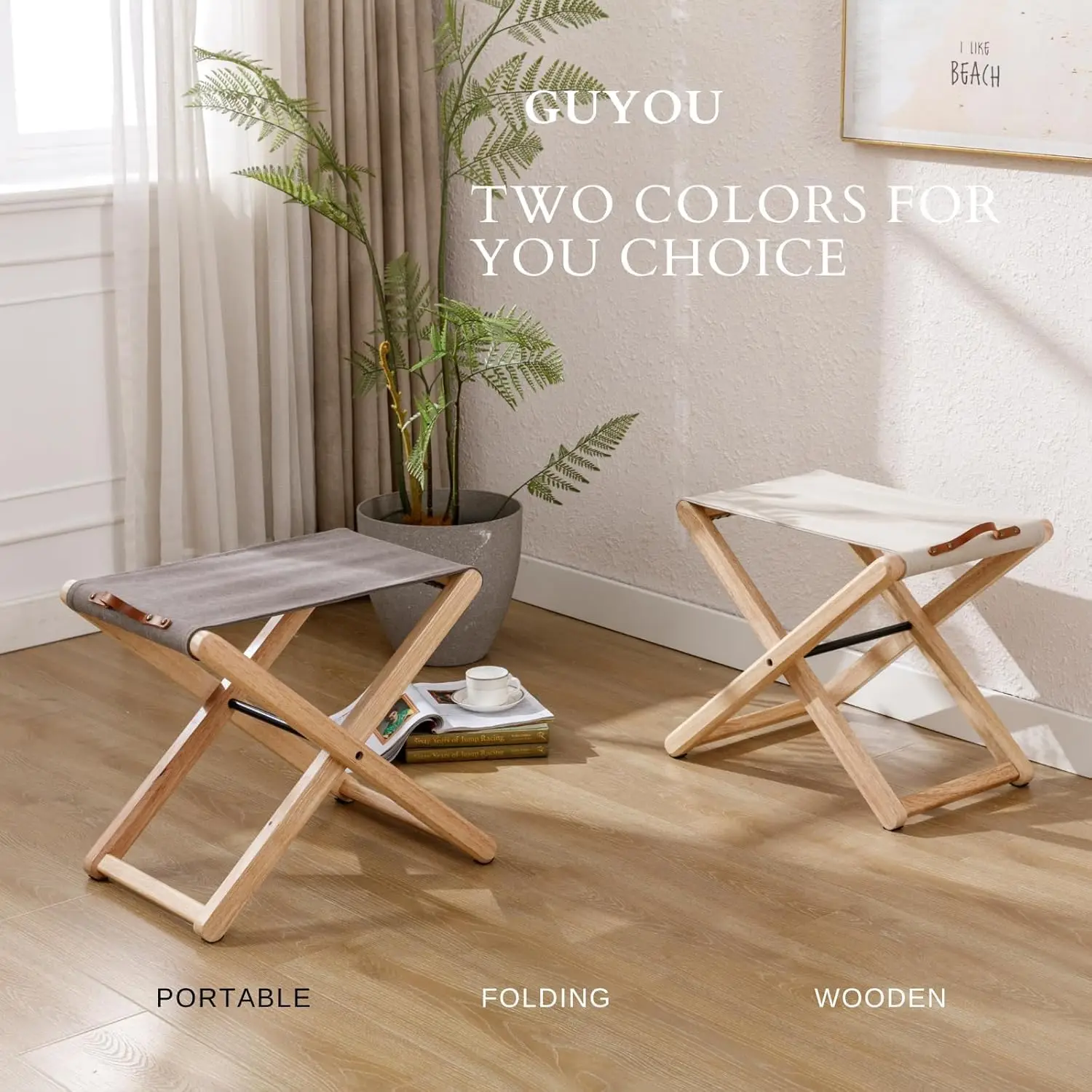 Folding Canvas Camp Stools Set of 2, Wood Folding Camping Stool Patio Portable Foot Stool Slacker Chair for Garden Outdo