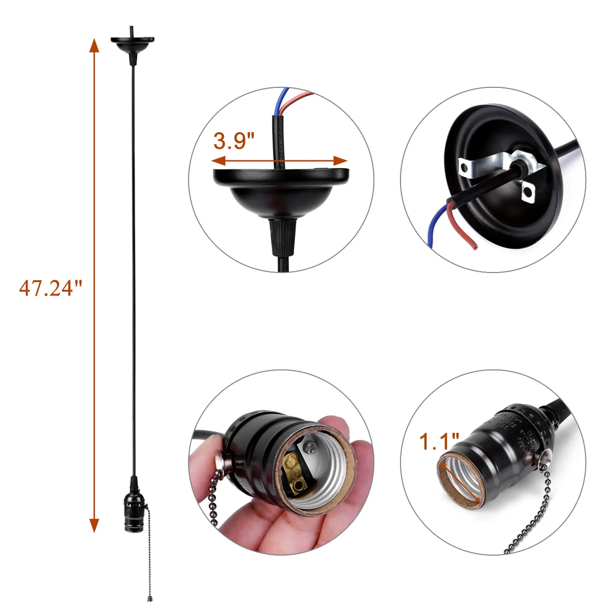 Vintage Edison E26 E27 Screw Bulb Aluminum Shell Base Lamp Bulb Holder Pendant Lighting Socket 110V 220V Ceiling Light  Cable 3