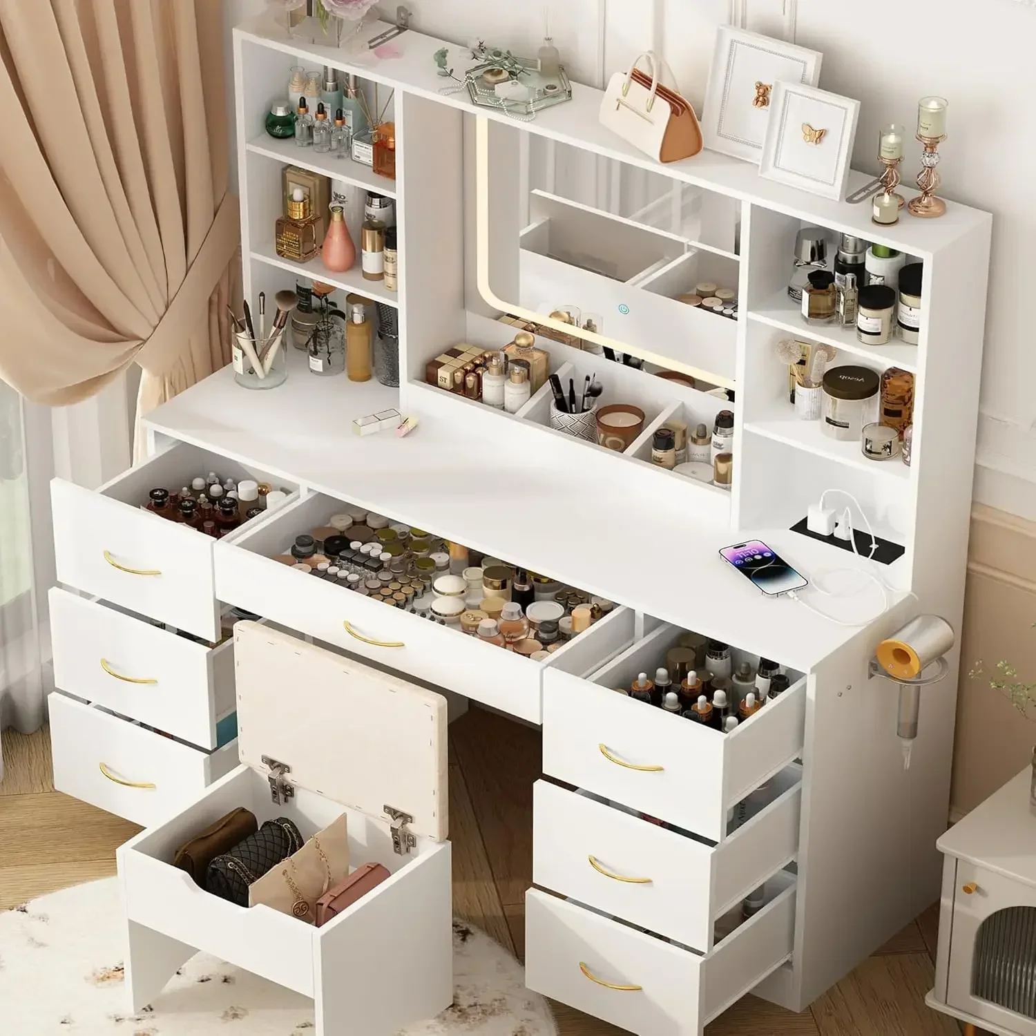 47" Large Vanity Desk with Mirror and Lights, LED White Vanity Set with Stool and Power Outlet, Lighted Make up Vanity Desk