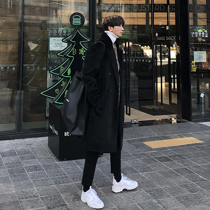 Vertical Fleece Fur Coat Men's Korean Version Trend Winter Thickened Woolen Trench Coat Medium Length Loose Fitting Coat