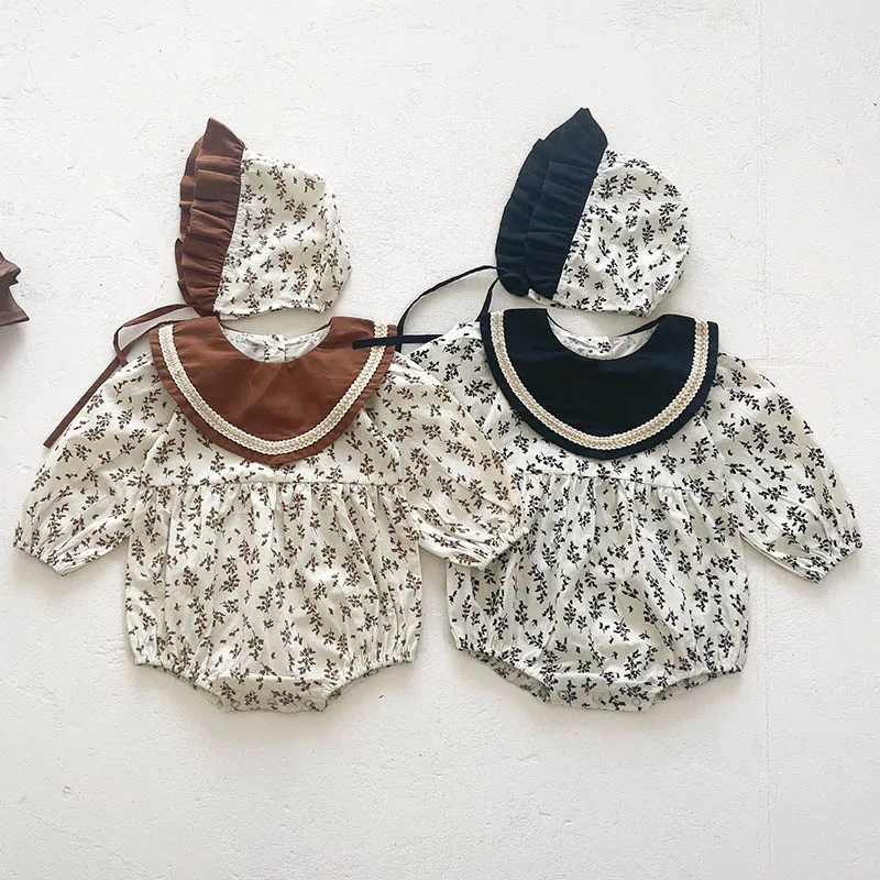 

2023 New Autumn Spring Children Clothes Baby Girls Bodysuits+Hat Floral Printing Cotton Long Sleeve Infant Baby Girls Jumpsuit