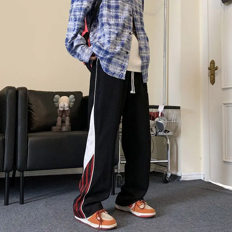 American High Street Loose Straight Wide Leg Pants Men's Autumn Contrasting Stripes Drawstring Pockets Patchwork Sports Trousers