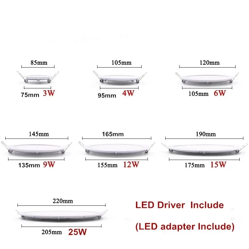 울트라 얇은 LED 패널 통 3W 6W 9W 12W15W 25W 라운드 LED 천장 매입형 조명 AC85-265V LED 패널 디밍 가능 램프