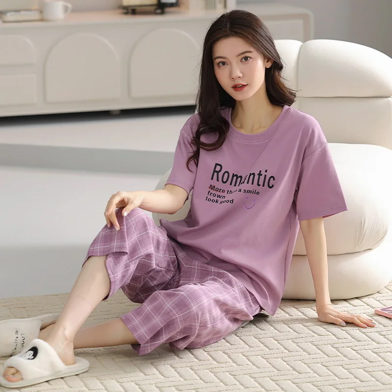 Summer Women's Thin Knitted Cotton Pajamas Round Neck Short Sleeve Capris Girls Loose Casual Sweet Printed Home Clothing Set