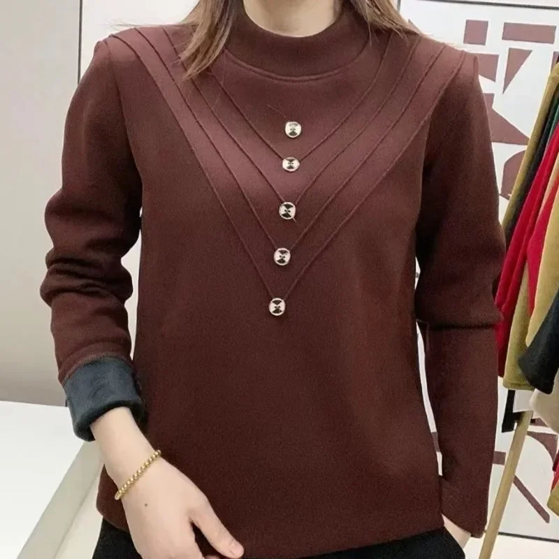 Women's Pullover Solid Patchwork Button Shirring Bottom Hoodies Winter Fashion Half High Neck Slim Long Sleeve Office Lady Tops