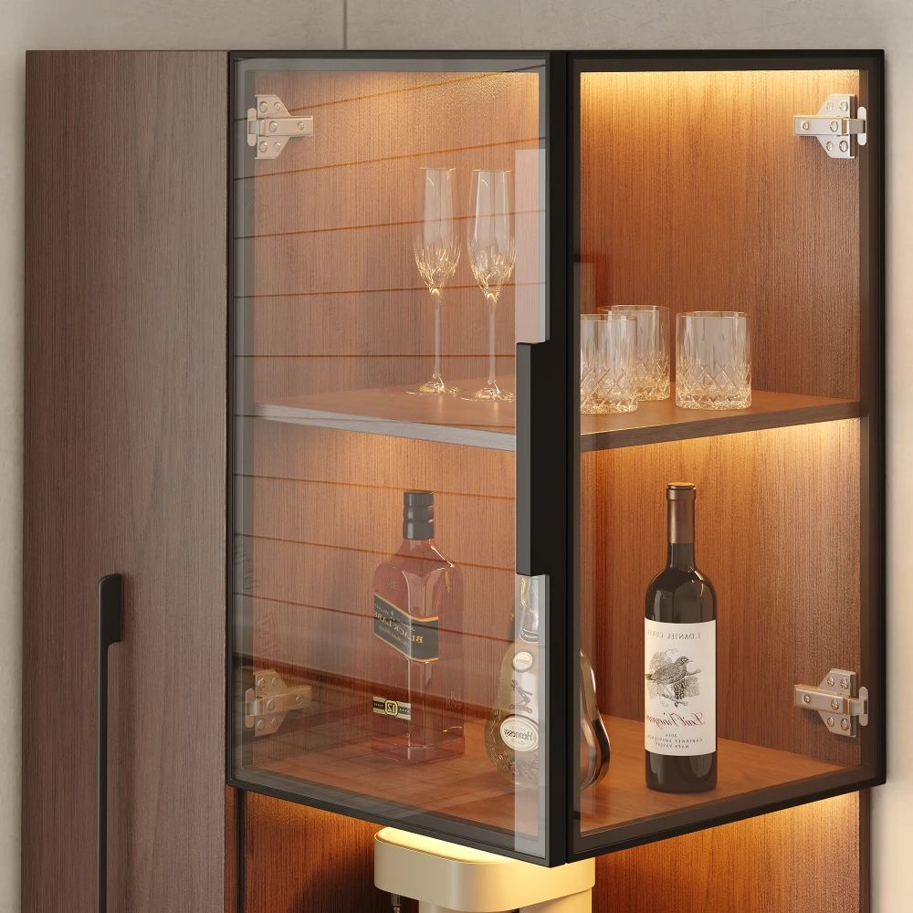 Wohnzimmer-Vitrine mit Ausziehbarem Regal – Doppelverglaste LED-Standschrank-Vitrine, MDF-Schrank, Glasvitrine & Aufbewahrungsschrank – Detail 5