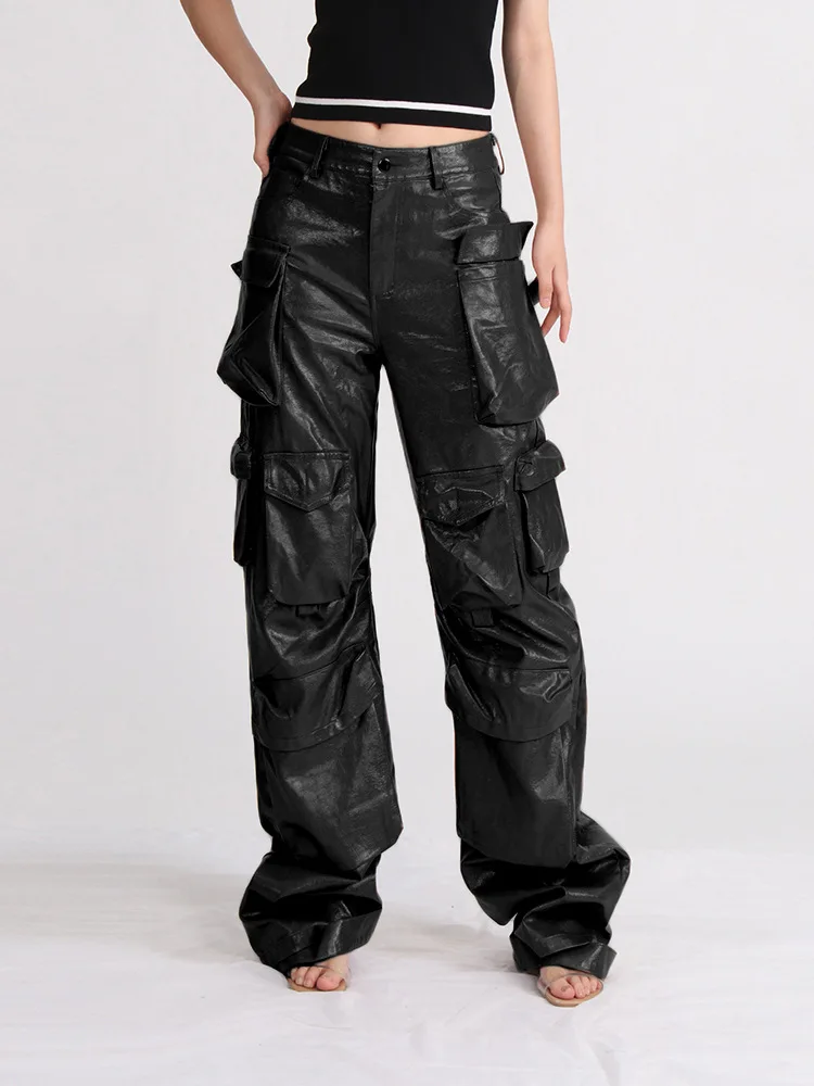 Solid Loose Spliced Pockets Streetwear Pant For Women High Waist Patchwoek Zippers Pu Leather Trousers Female Autumn Clothes