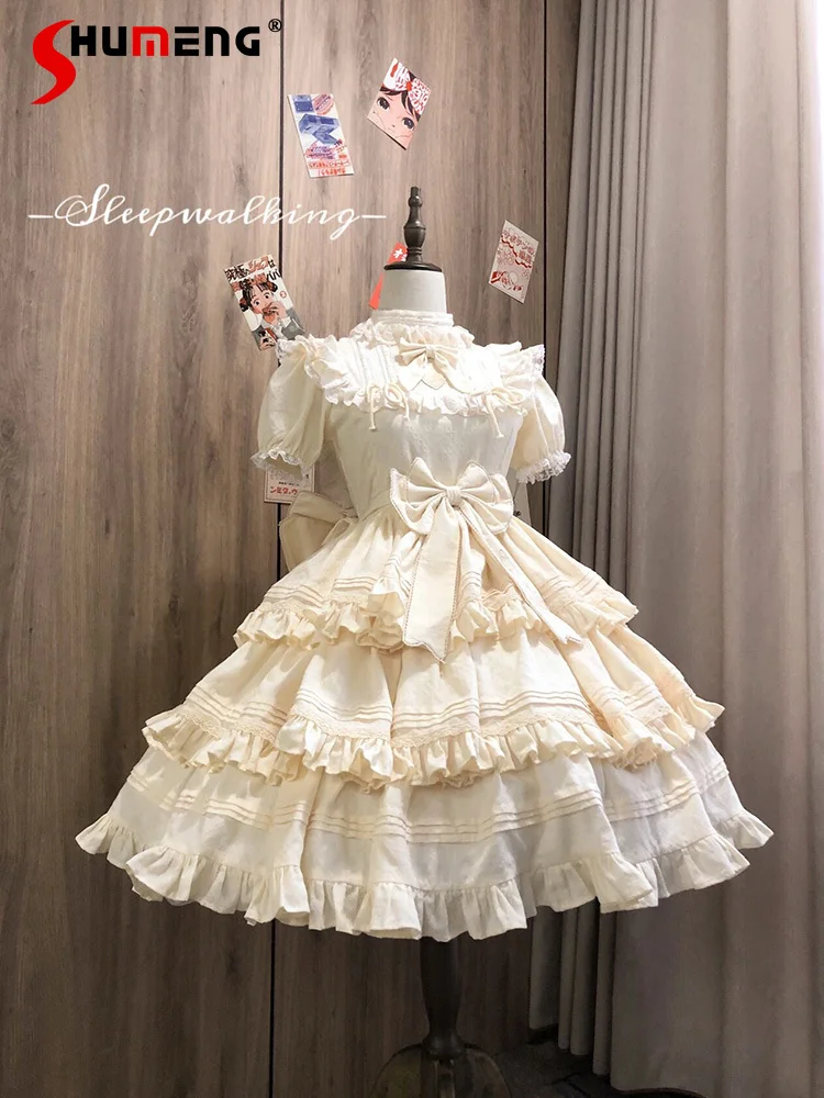 

Japanese Sweet Lolita Style Princess Dress Stand Collar Puff Sleeve Lace Stitching Back Big Bow Layered Lolita Mini Dress Women