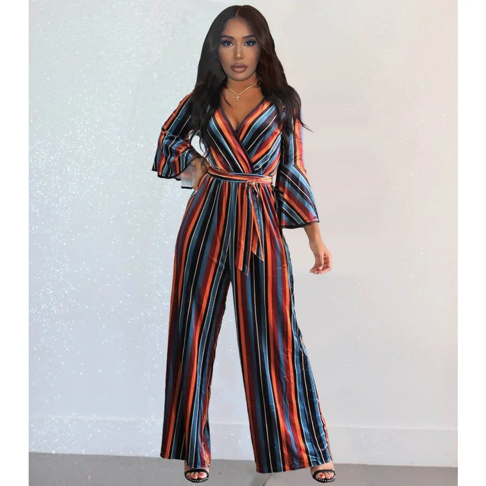 

2024 Ladies Long Sleeve V-Neck Fashion Casual Vertical Stripe Trumpet Sleeve Belt Simple One-Piece Pants Jumpsuits