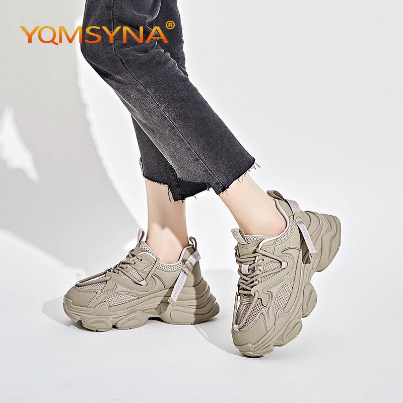 

YQMSYNA Casual Vulcanized Women Breathable Mesh Round Head Non-slip Thick Bottom Sneakers Street Style Lace-up Sports Shoes A20